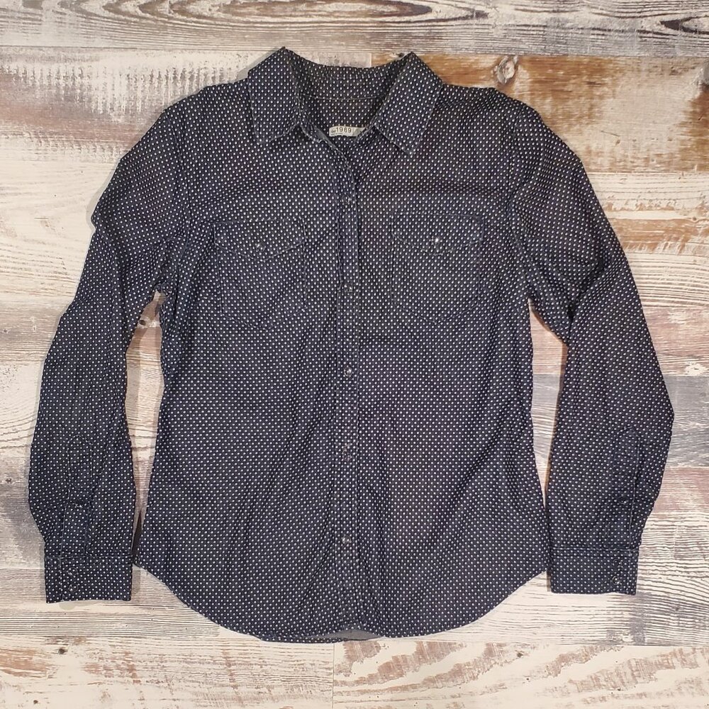 Gap "1969" Blue Polka Dot Long Sleeve Snap Button Front
